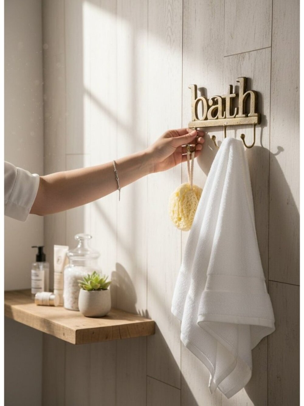 Vintage Gold Metal "Bath" Wall Hook Rack With 3 Hooks For Towels & Accessories
